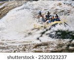 Raft, river and people in boat with speed for fun adventure, holiday and outdoor vacation with friends. Extreme sports, travel and group in water for canoeing, kayaking and rowing activity in lake