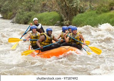 Raft Water White River Sport Adventure Rowing Whitewater Group Team Community Of Mixed Mountaineer Male And Women With Guided By Professional Pilot On Whitewater River Rafting In Ecuador Raft Water Wh