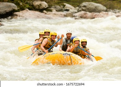 Raft Water White Teamwork Ecuador Fun Woman Rapids People Men Gathering Of Mixed Visitor Men And Women With Guided By Professional Pilot On Whitewater Waterway Rafting In Ecuador Raft Water White Team