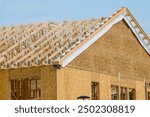 rafters and walls of a plywood house building site wooden framing unfinished