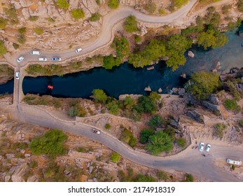 Rafting On Rapids On Red Boat Blue River From Koprulu Tazi Canyon, Manavgat Antalya Turkey Drone Aerial Top View.