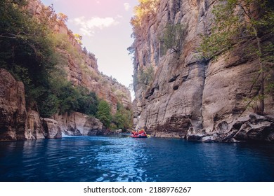 Rafting On Rapids On Red Boat Blue River From Koprulu Tazi Canyon, Manavgat Antalya Turkey.