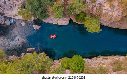 Rafting On Rapids On Red Boat Blue River From Koprulu Tazi Canyon, Manavgat Antalya Turkey Drone Aerial Top View.