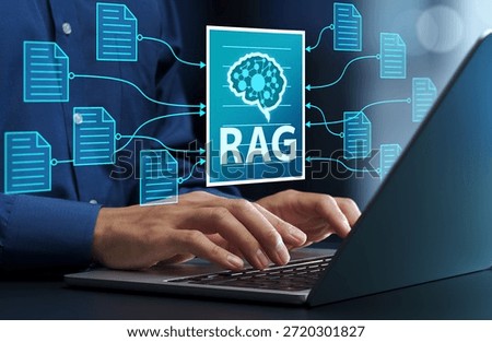 RAG retrieval-Augmented Generation. Semantic search for internal RAG retrieval-Augmented Generation. Semantic search for internal enterprise documents. Businessman using laptop for summarizing knowledge.