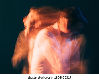 Rage man. Bipolar disorder. Psychology stress. Toxic relationship. Conceptual art portrait. Surreal aggressive screaming guy reflecting each other isolated green blur light double exposure. - Shutterstock ID 1954953319