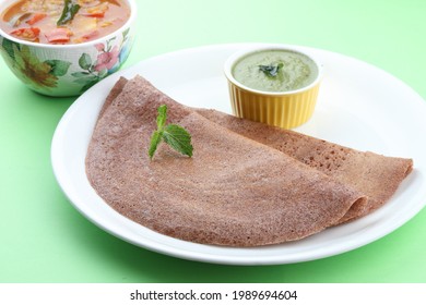 Ragi Or Finger Millet Dosa With Mint Chutney. South Indian Healthy Breakfast