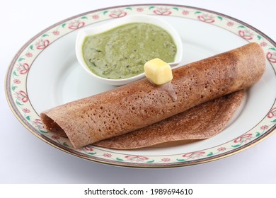 Ragi Or Finger Millet Dosa With Mint Chutney. South Indian Healthy Breakfast