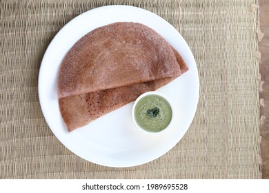 Ragi Or Finger Millet Dosa With Mint Chutney. South Indian Healthy Breakfast