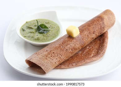 Ragi Or Finger Millet Dosa With Mint Chutney. South Indian Healthy Breakfast