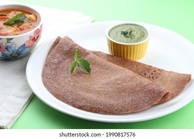 Ragi Or Finger Millet Dosa With Mint Chutney. South Indian Healthy Breakfast