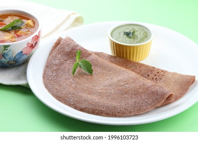 Ragi Or Finger Millet Dosa With Mint Chutney. South Indian Healthy Breakfast