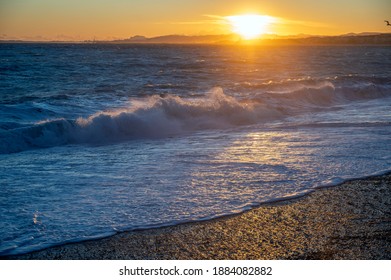 Raging Sea Breaking On Nice Beach In Winter