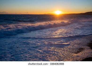 Raging Sea Breaking On Nice Beach In Winter