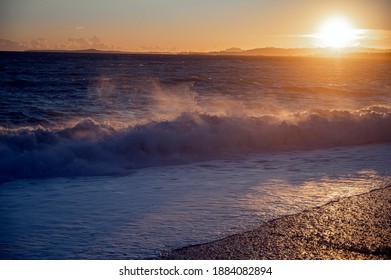 Raging Sea Breaking On Nice Beach In Winter