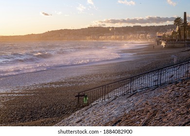 Raging Sea Breaking On Nice Beach In Winter