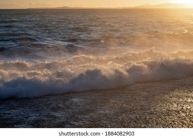 Raging Sea Breaking On Nice Beach In Winter