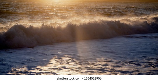 Raging Sea Breaking On Nice Beach In Winter