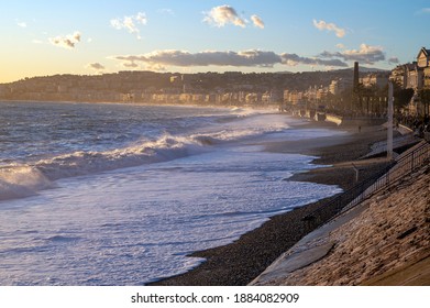 Raging Sea Breaking On Nice Beach In Winter