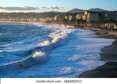 Raging Sea Breaking On Nice Beach In Winter