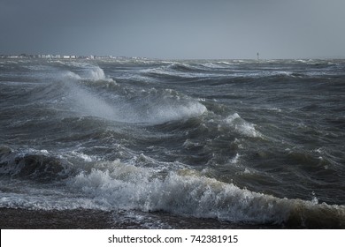 Raging Sea. The Extra High Tide Caused By A Gale And A Full Moon, The Wind Keeps The Tide In For Longer.