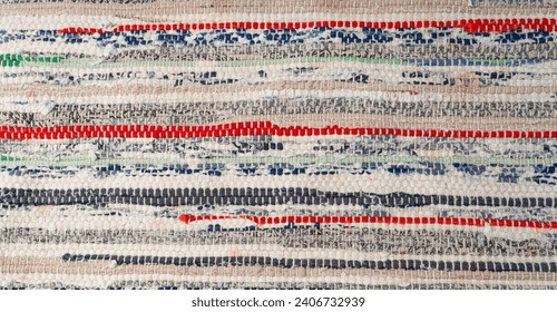 Rags Carpet Texture Background, Woven Rug Pattern, Handmade Recycled Material Mat Mockup, Hand-Woven Rustic Carpet Made of Rags with Copy Space for Text