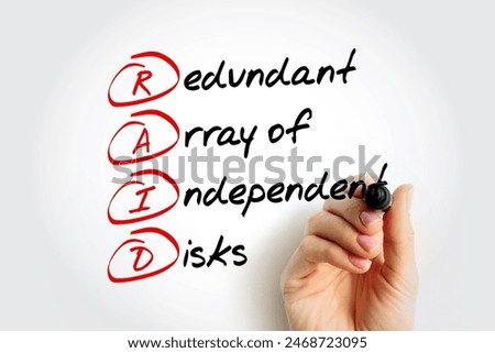 RAID - Redundant Array of Independent Disks is a data storage virtualization technology, acronym text concept with marker
