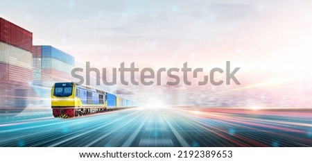 Rail Freight Transport and Technology Logistics Future Concept, Double Exposure Polygon Wireframe of Container Cargo Train at Container Yard, Modern Futuristic Import Export Transportation Background