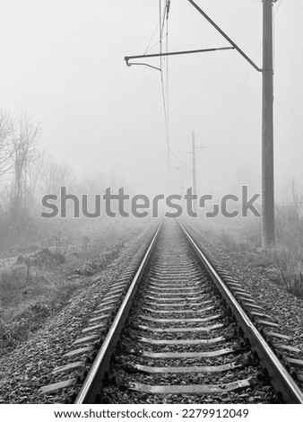 rail, line, railway, road, blackandwhite, nature, fog, meast, sky,