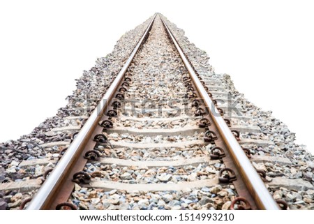 Rail track and rocks isolated on a white background, railroad, railway, train tracks