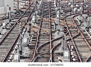Rail tracks in depot. Kiev, Ukraine. Kyiv, Ukraine