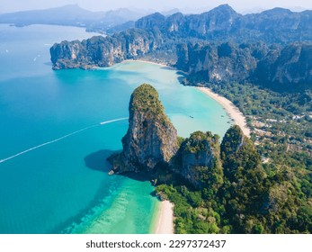 Railay Beach Krabi Thailand, the tropical beach of Railay Krabi, Panoramic view from a drone of idyllic Railay Beach in Thailand in the morning with a cloudy sky - Powered by Shutterstock