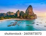 Railay beach with long tail boat in Krabi, Thailand.