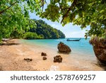 Railay, Krabi, Thailand. Beach and long tail boats.	