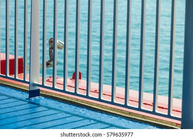 Railing And CCTV Security Camera On Deck Of Cruise Ship, Video Surveillance