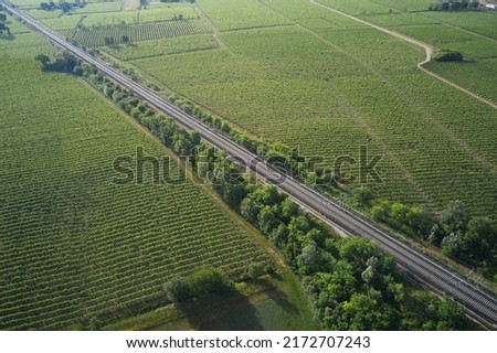 Railroad between vineyards diagonally aerial view. Transportation railway in Italy drone view.