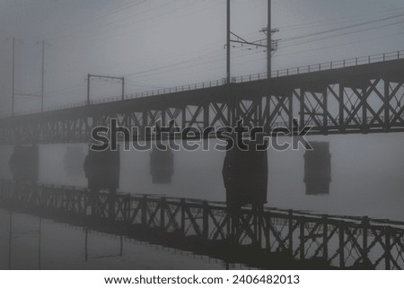 Railroad Bridge Reflections on a Foggy Night, Havre de Grace MD USA