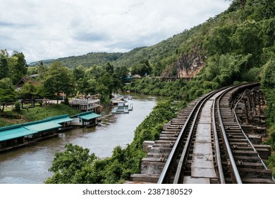 The railroad near the Kwai River. Thai–Burma Railway or Death Railway. Kanchanaburi, Thailand