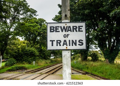 Railroad Sign. Beware Sign Of Trains.Rail Traffic Signs. Rail Crossing Signs. Railroad Safety Notification Symbol. Isle Of Man Rail Station.Aluminum Plate Signs. Lifesaver Symbol Warning Railroad Sign