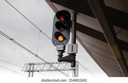 Railroad Signals Pole, Railway Signal Lights For Trains And Suspended Overhead Electric Power Train Lines Cables.