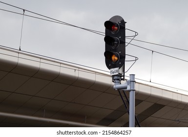 Railroad Signals Pole, Railway Signal Lights For Trains And Suspended Overhead Electric Power Train Lines Cables.