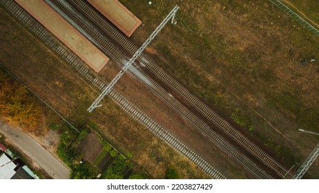 Railroad Station. Platform And Railroad Tracks. Aerial Photography.