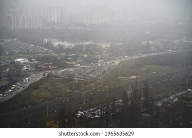 Railroad Track, Aerial View. View Of The Capital Of Ukraine. Kyiv City During Late Fall And Rainy Weather.