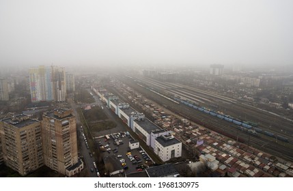 Railroad Track, Aerial View. View Of The Capital Of Ukraine. Kyiv City During Late Fall And Rainy Weather.