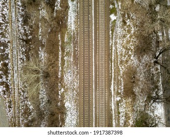 Railroad Tracks. Aerial Drone View. Winter Cloudy Morning.