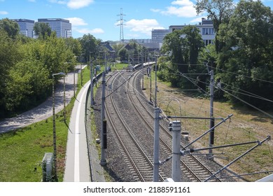 Railroad Tracks Aerial View From The Ground Crossing, Selective Focus