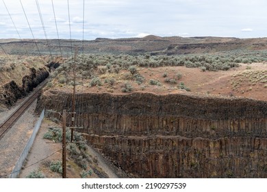 Railroad Tracks Along The Cliffs At Palouse Falls State Park In Washington, USA