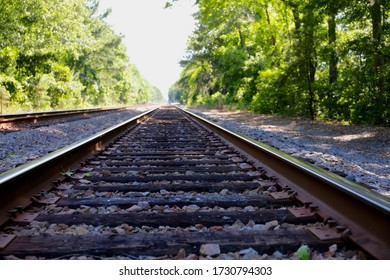 Railroad Tracks With Blurred Background At Richmond Hill, Georgia.