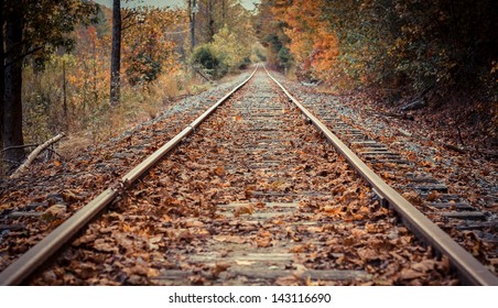 Railroad Tracks Cut Through Autumn Woods In Blue Ridge, Georgia.