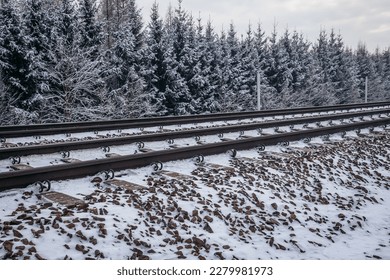 Railroad tracks during winter, Lodz Province in Poland