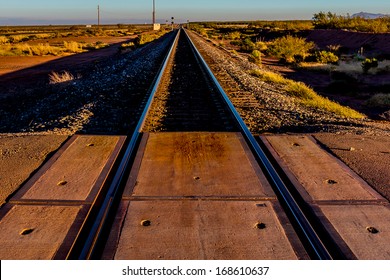 Railroad Tracks Heading North Into New Mexico Desert.